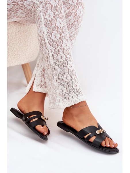 Flat Women's Sandals With Strap And Golden Detail Black Kerenza