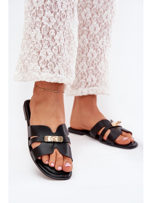 Flat Women's Sandals With Strap And Golden Detail Black Kerenza