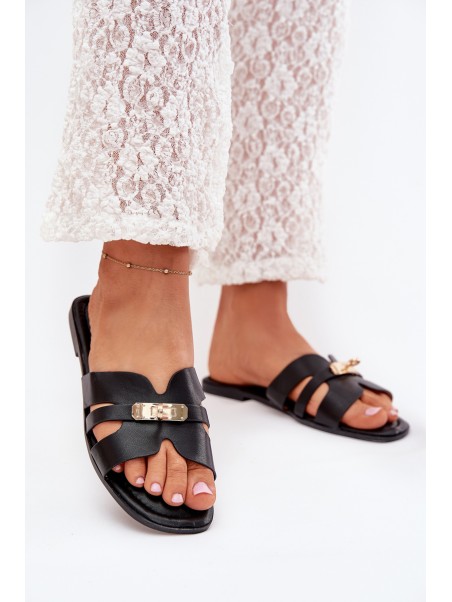Flat Women's Sandals With Strap And Golden Detail Black Kerenza