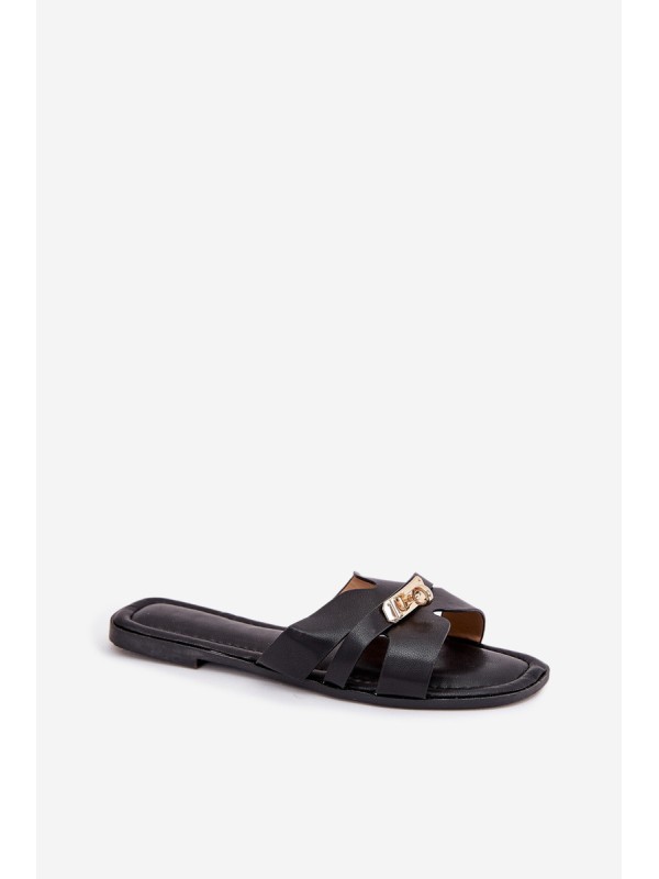 Flat Women's Sandals With Strap And Golden Detail Black Kerenza