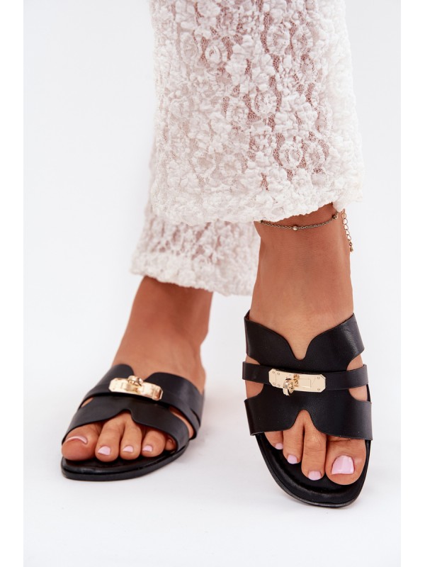 Flat Women's Sandals With Strap And Golden Detail Black Kerenza