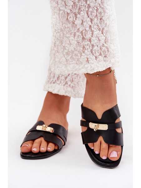 Flat Women's Sandals With Strap And Golden Detail Black Kerenza