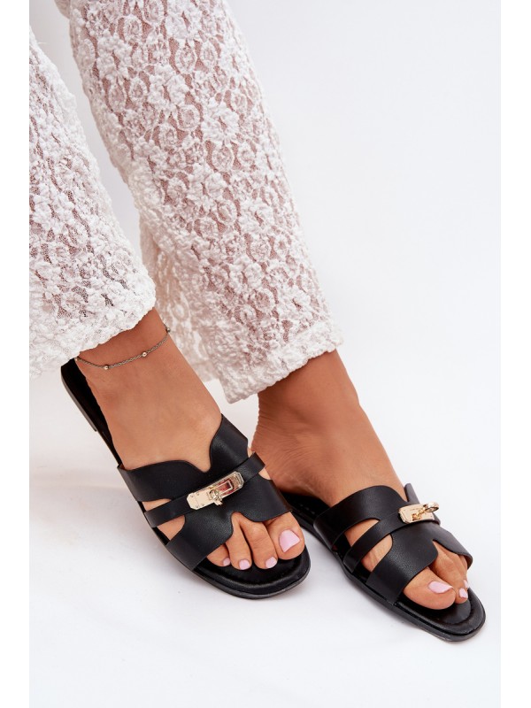 Flat Women's Sandals With Strap And Golden Detail Black Kerenza