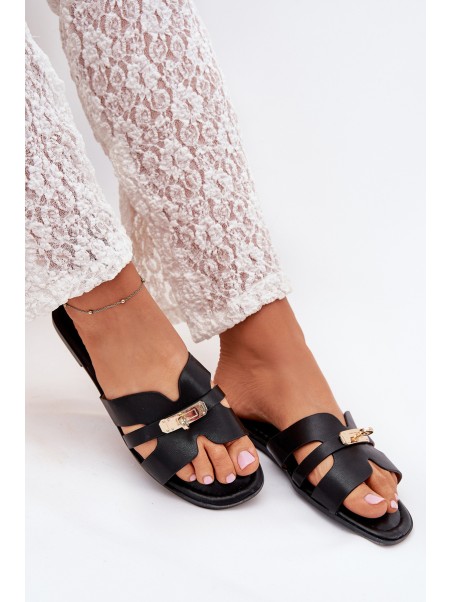 Flat Women's Sandals With Strap And Golden Detail Black Kerenza