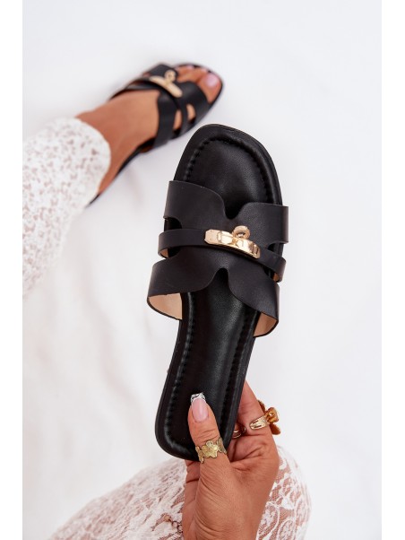 Flat Women's Sandals With Strap And Golden Detail Black Kerenza