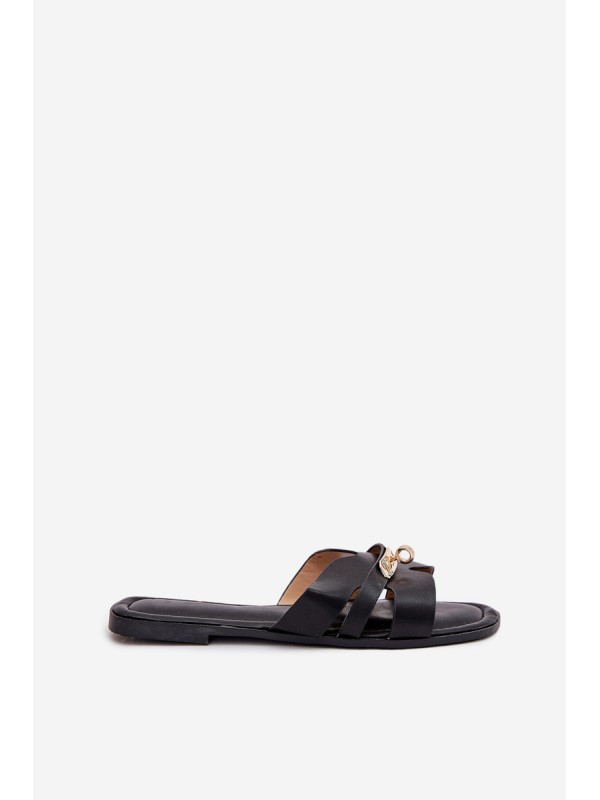 Flat Women's Sandals With Strap And Golden Detail Black Kerenza