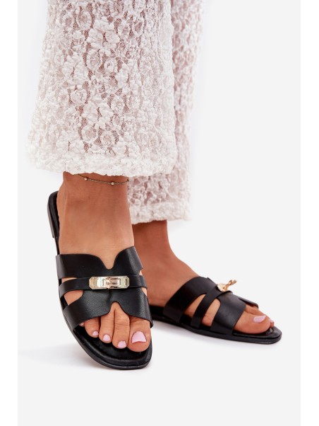 Flat Women's Sandals With Strap And Golden Detail Black Kerenza
