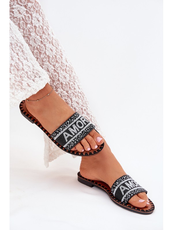 Women's Flat Sandals With Decoration Amore Black Avelina