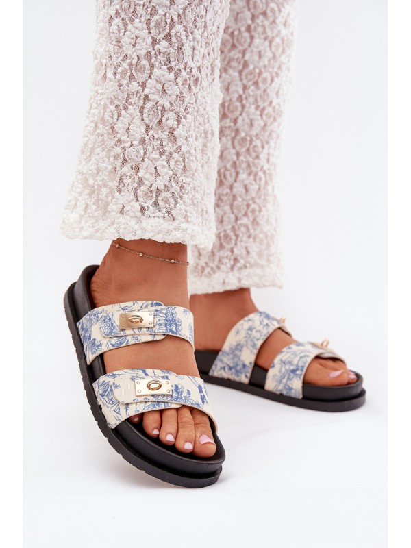 Patterned Ladies Platform Slippers Blue Sorina