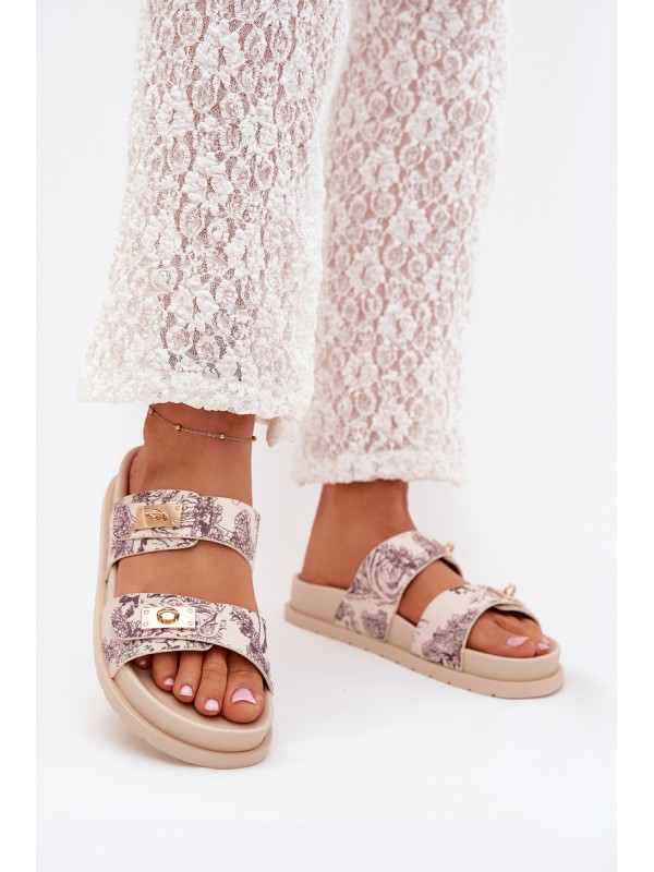 Patterned Women's Platform Slippers Beige Sorina