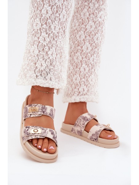 Patterned Women's Platform Slippers Beige Sorina
