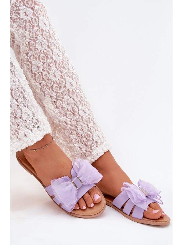 Ladies Flat Heeled Slippers With Tulle Bow Purple Tanira