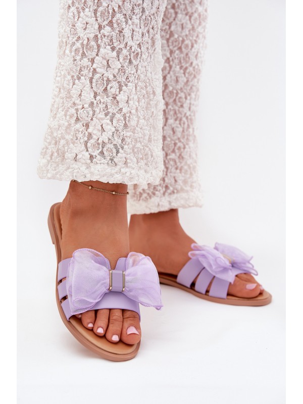 Ladies Flat Heeled Slippers With Tulle Bow Purple Tanira