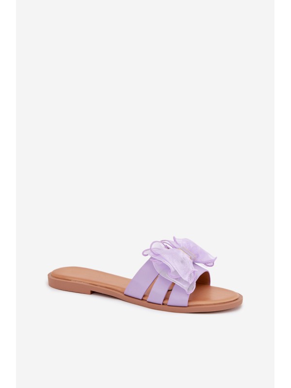 Ladies Flat Heeled Slippers With Tulle Bow Purple Tanira