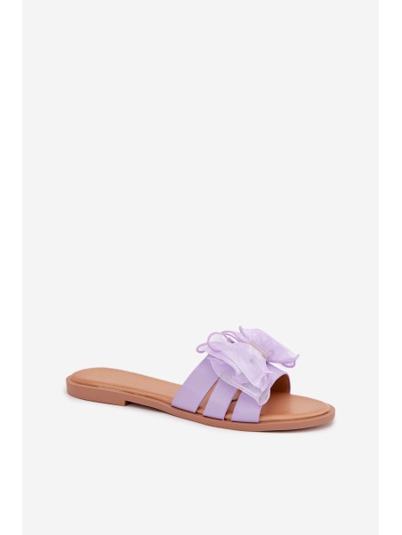 Ladies Flat Heeled Slippers With Tulle Bow Purple Tanira