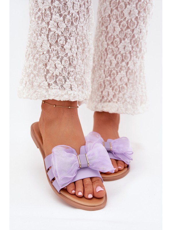 Ladies Flat Heeled Slippers With Tulle Bow Purple Tanira