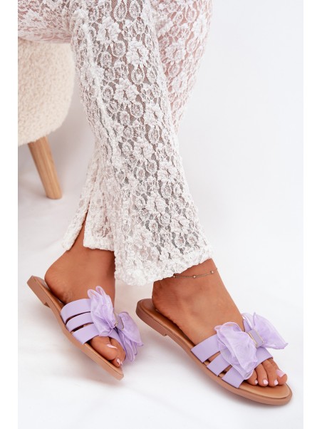 Ladies Flat Heeled Slippers With Tulle Bow Purple Tanira