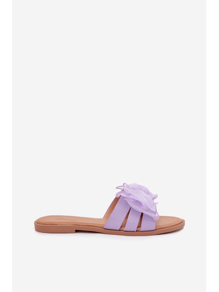 Ladies Flat Heeled Slippers With Tulle Bow Purple Tanira