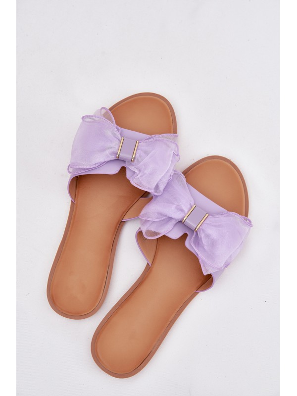 Ladies Flat Heeled Slippers With Tulle Bow Purple Tanira