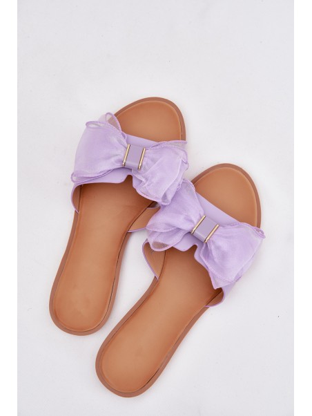 Ladies Flat Heeled Slippers With Tulle Bow Purple Tanira