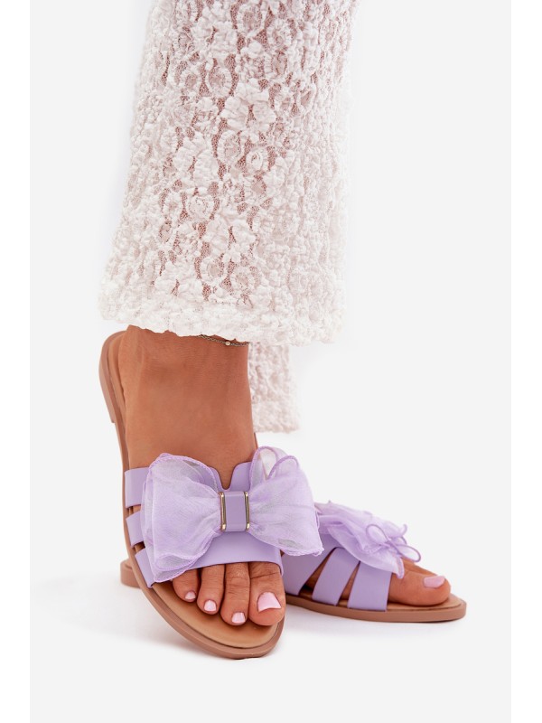 Ladies Flat Heeled Slippers With Tulle Bow Purple Tanira