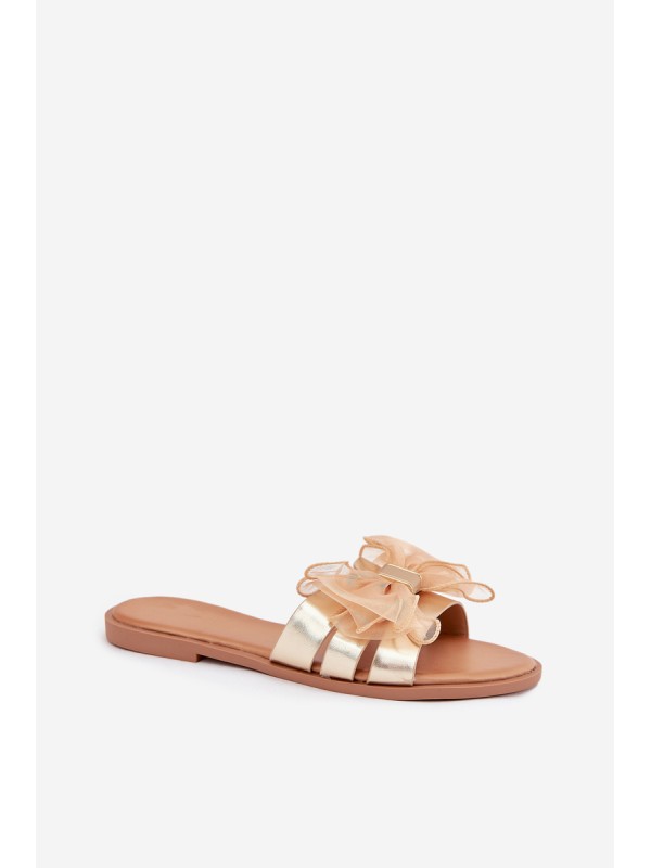 Ladies flat sandals with tulle bow gold Tanira