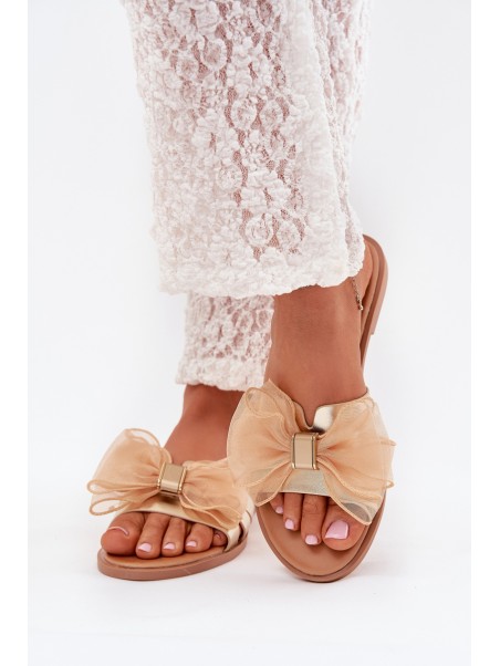Ladies flat sandals with tulle bow gold Tanira