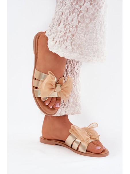 Ladies flat sandals with tulle bow gold Tanira