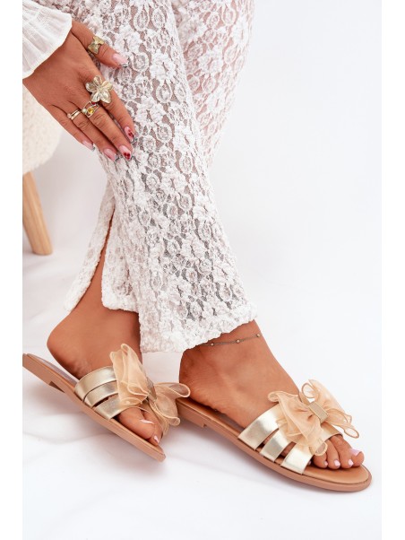Ladies flat sandals with tulle bow gold Tanira