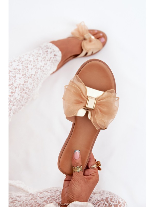 Ladies flat sandals with tulle bow gold Tanira