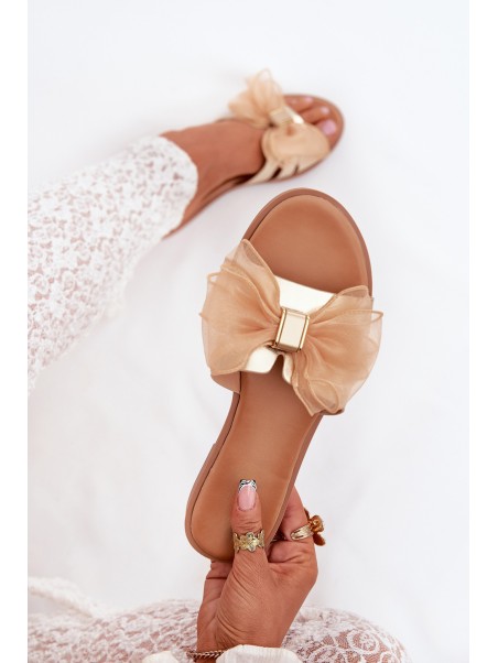 Ladies flat sandals with tulle bow gold Tanira