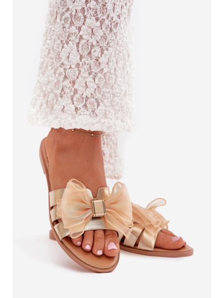 Ladies flat sandals with tulle bow gold Tanira
