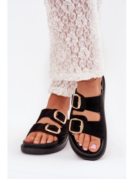 Women's Platform Sandals With Golden Buckles Black Verena