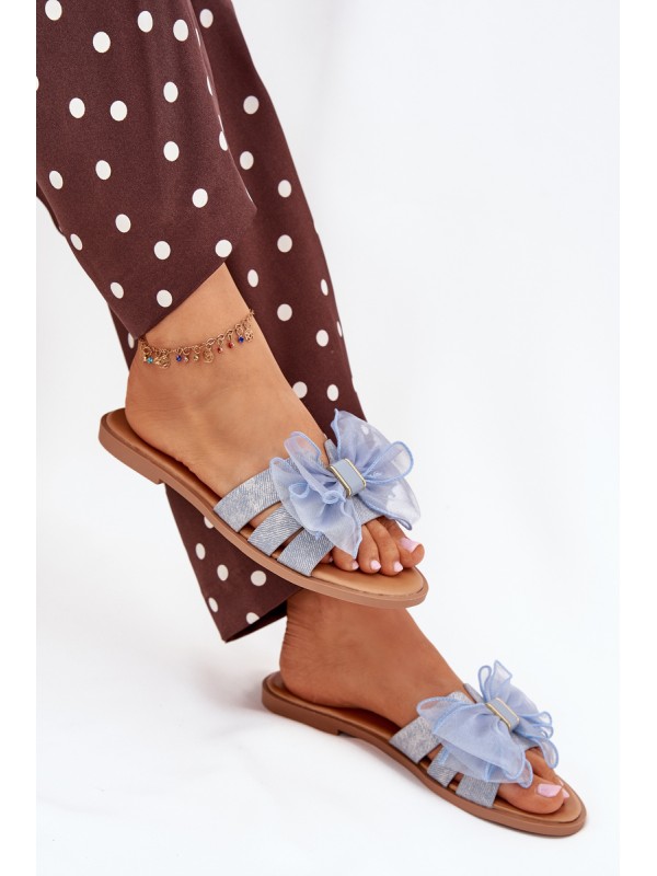 Women Flat Heel Slippers With Tulle Bow Denim Tanira