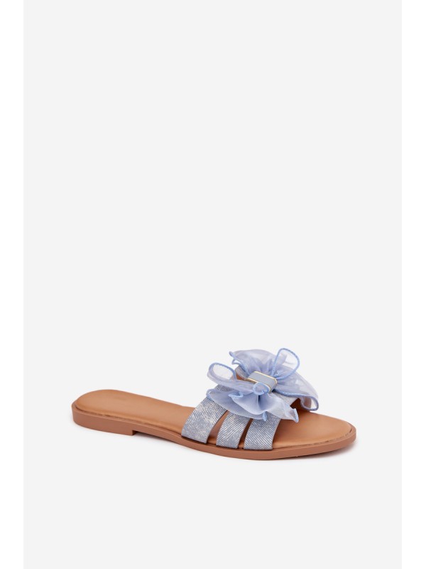 Women Flat Heel Slippers With Tulle Bow Denim Tanira