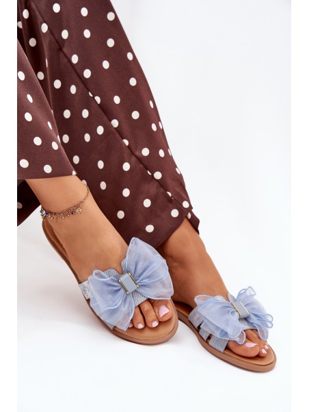Women Flat Heel Slippers With Tulle Bow Denim Tanira