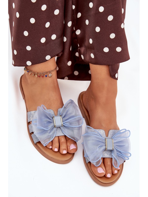 Women Flat Heel Slippers With Tulle Bow Denim Tanira