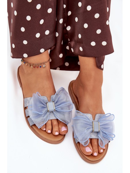 Women Flat Heel Slippers With Tulle Bow Denim Tanira