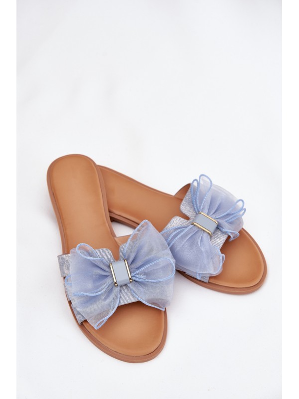 Women Flat Heel Slippers With Tulle Bow Denim Tanira