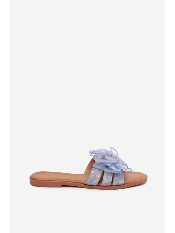 Women Flat Heel Slippers With Tulle Bow Denim Tanira