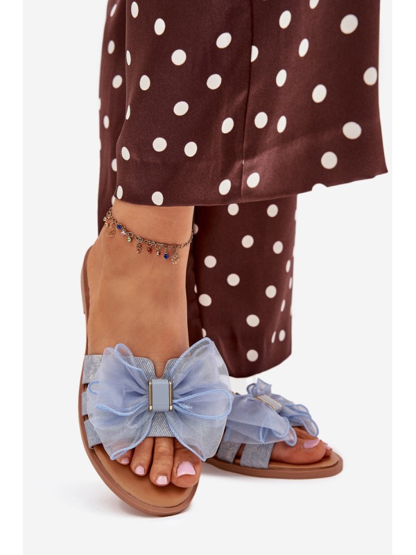 Women Flat Heel Slippers With Tulle Bow Denim Tanira