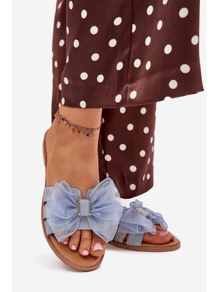 Women Flat Heel Slippers With Tulle Bow Denim Tanira