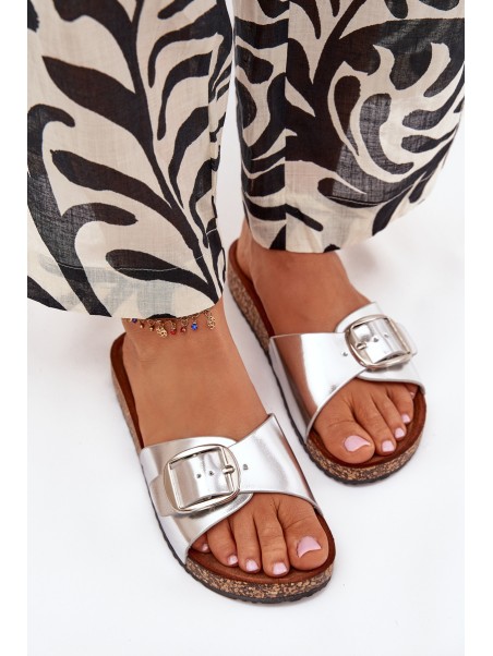 Women's Cork Platform Slippers With Buckle Silver Vianara