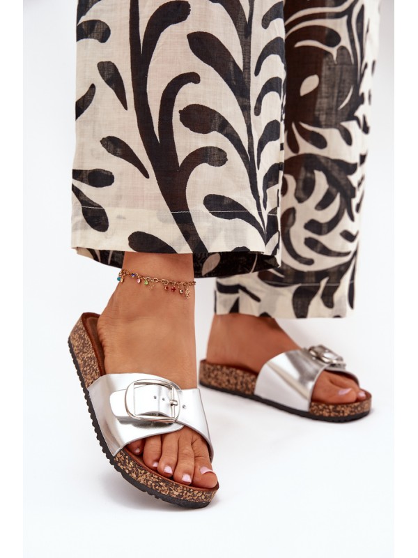 Women's Cork Platform Slippers With Buckle Silver Vianara 2
