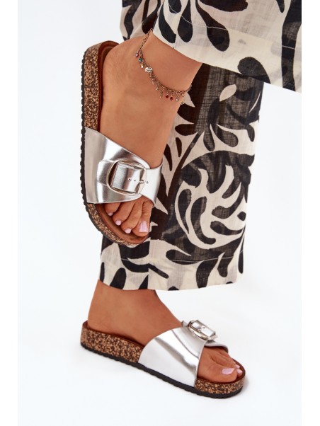 Women's Cork Platform Slippers With Buckle Silver Vianara