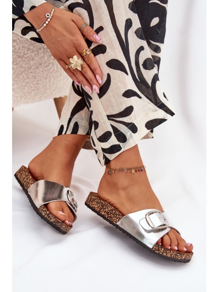 Women's Cork Platform Slippers With Buckle Silver Vianara