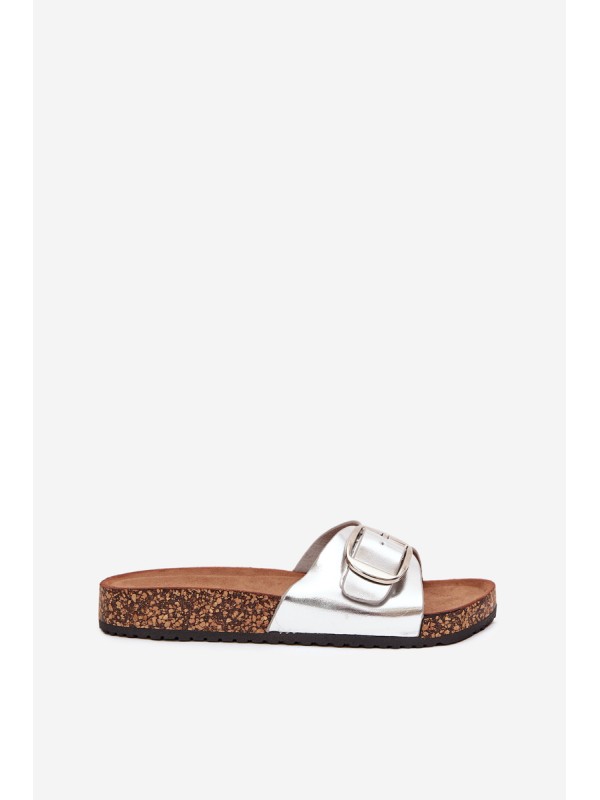 Women's Cork Platform Slippers With Buckle Silver Vianara