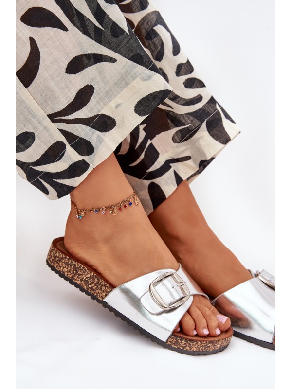 Women's Cork Platform Slippers With Buckle Silver Vianara
