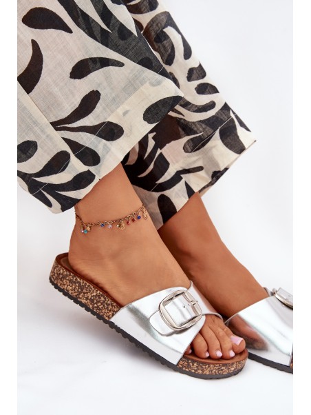Women's Cork Platform Slippers With Buckle Silver Vianara