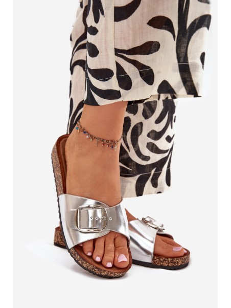 Women's Cork Platform Slippers With Buckle Silver Vianara